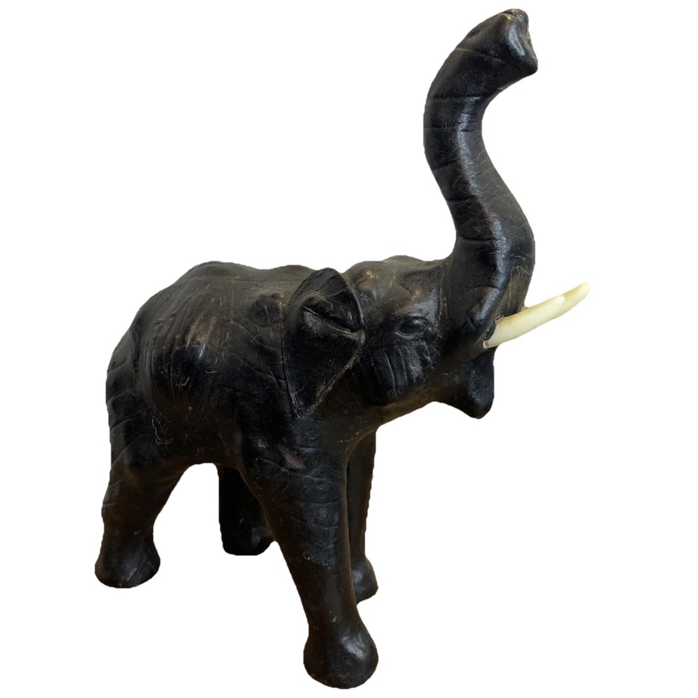 VTG Elephant 8.5"Leather Wrapped‎ Hand Made Trunk Up Safari African Decor Animal